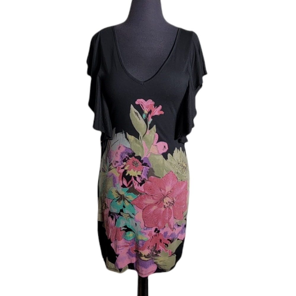 MM Couture Miss Me floral flutter sleeve dress women's small black open back